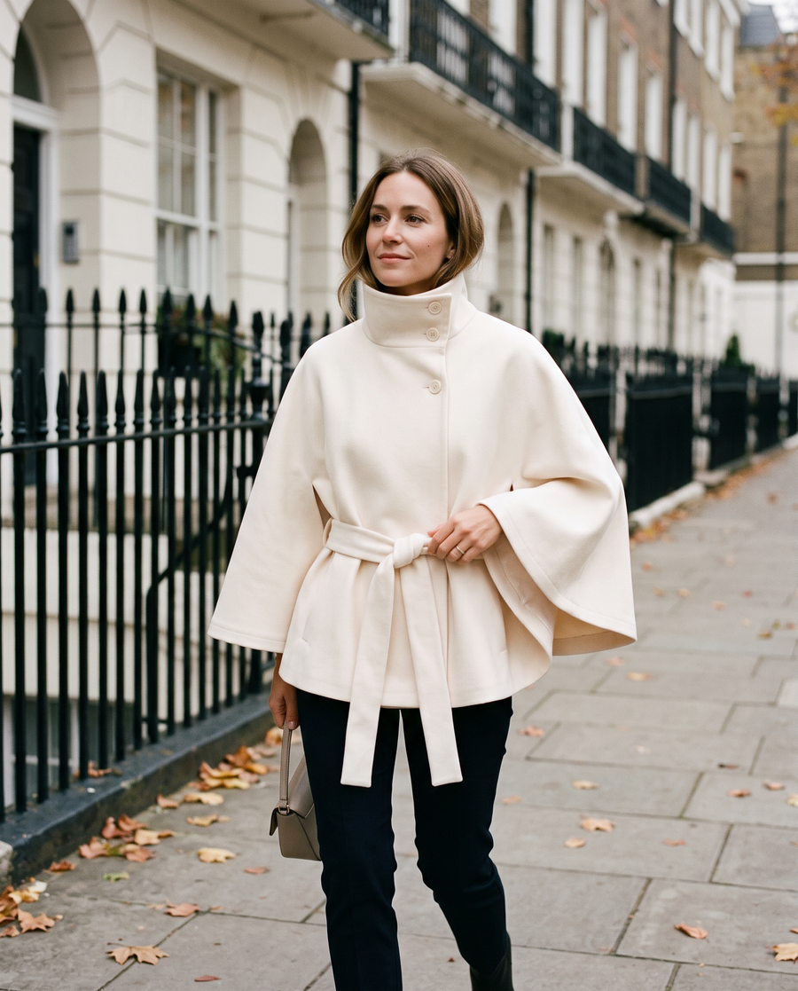 Women's Cape Coat with Belt and High Collar
