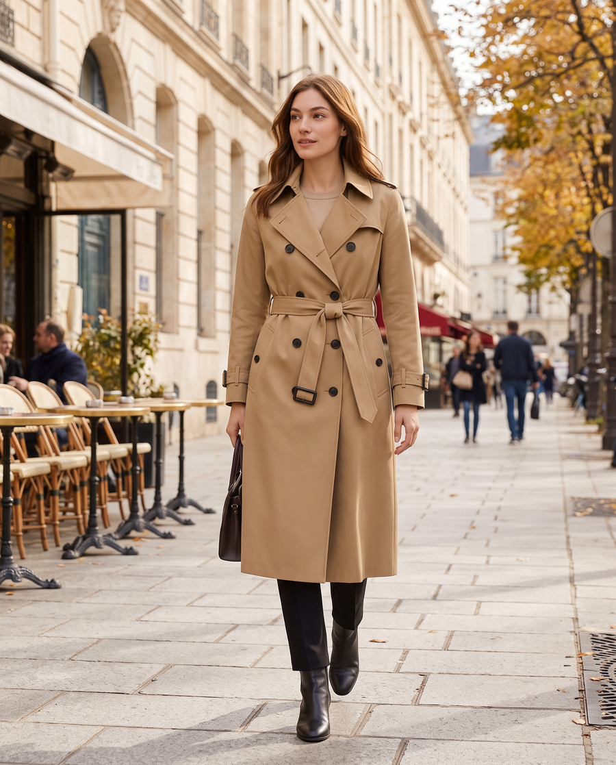 Women's Trench Coat Double Breasted with Belted Waist