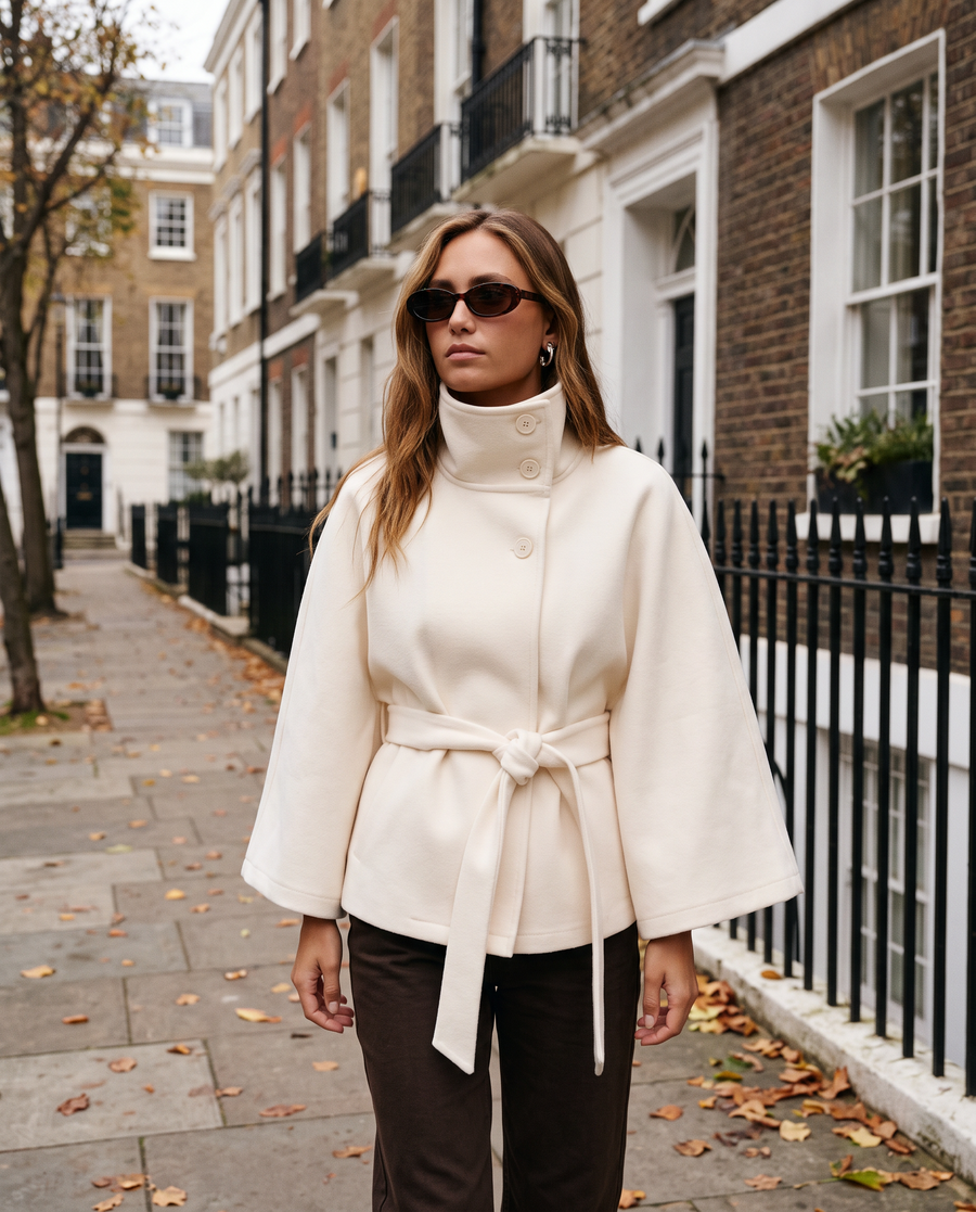 Women's Cape Coat with High Collar and Bow Belt