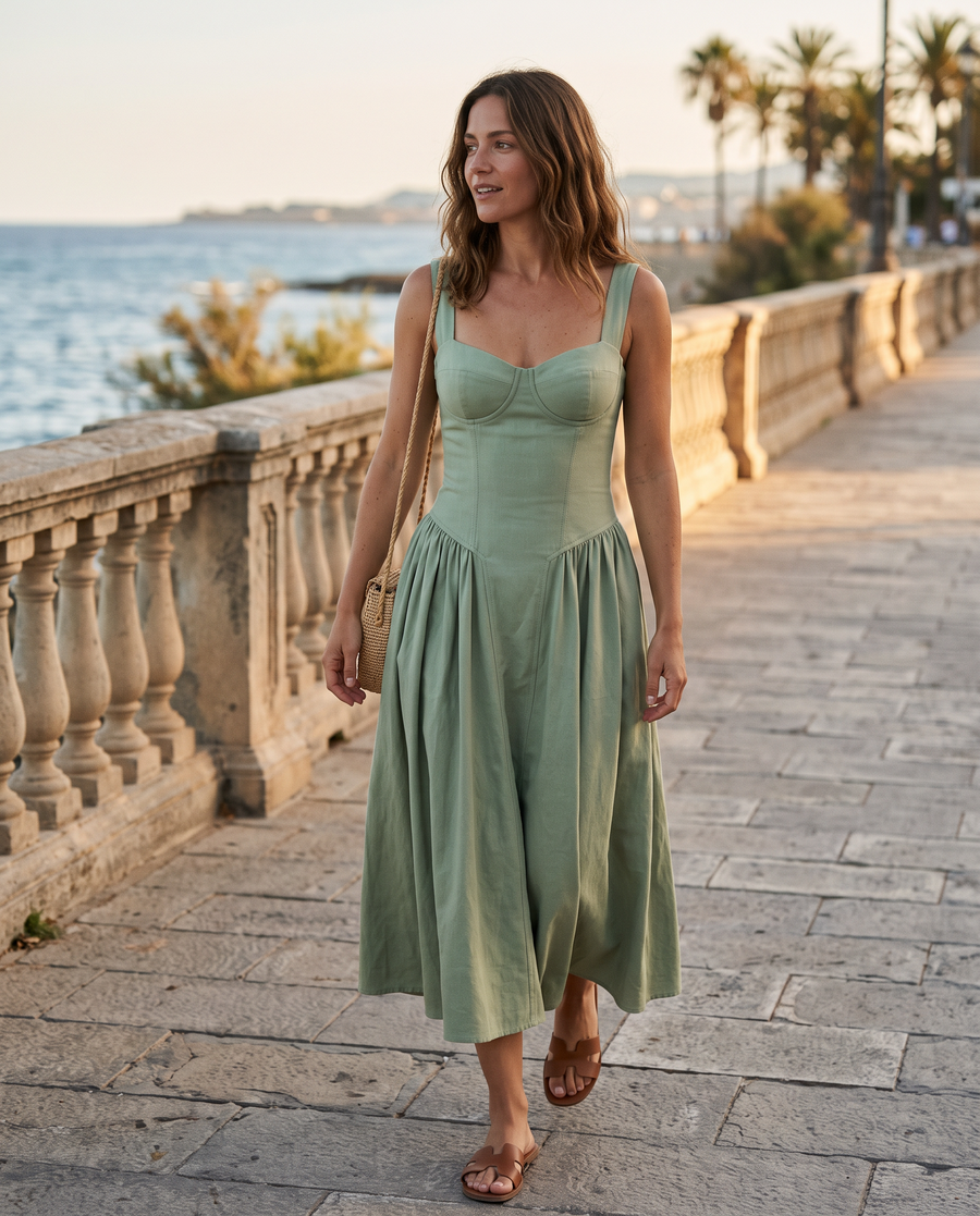 Women's Midi Dress Sleeveless with Sweetheart Neckline and A-Line Skirt