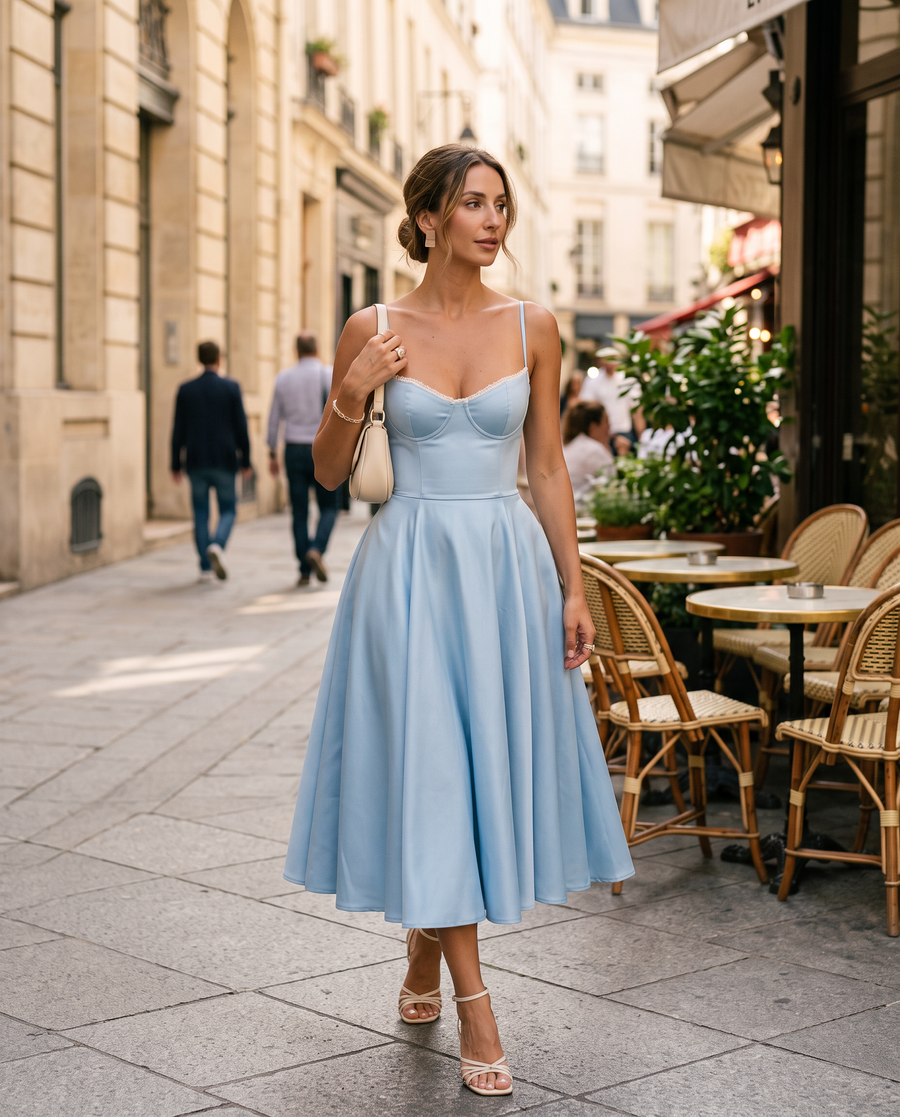 Women's Corset Midi Dress with A-Line Skirt and Sweetheart Neckline