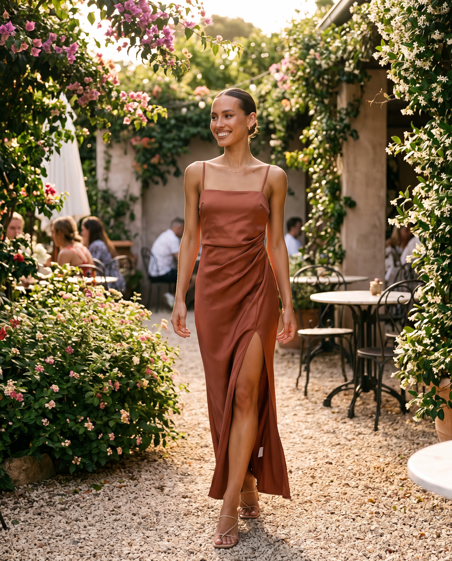 Women's Satin Maxi Dress Sleeveless with Square Neck and Side Slit