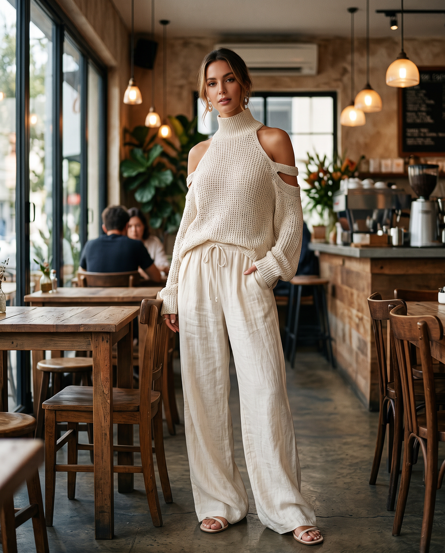 Women's Cold Shoulder Knit Top and Wide Leg Trouser Set