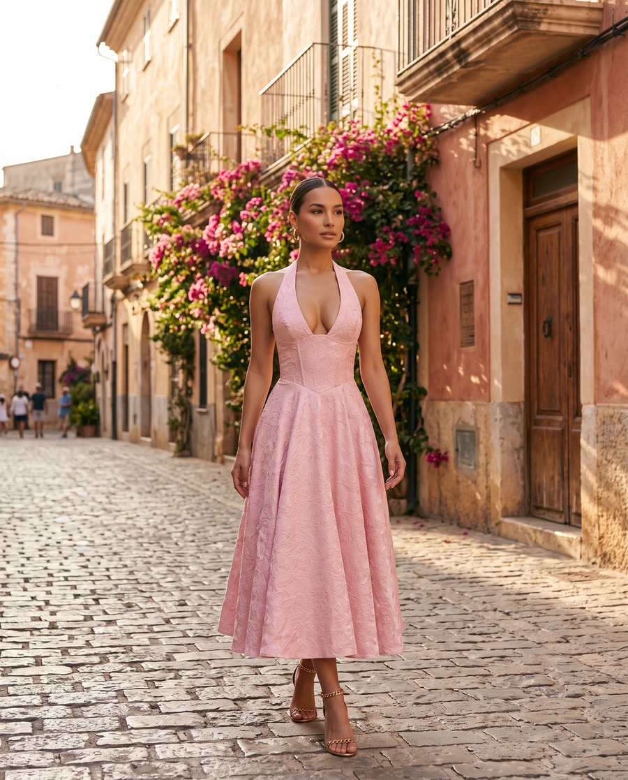 Women's Halter Corset Midi Dress with V-Neck and A-Line Skirt
