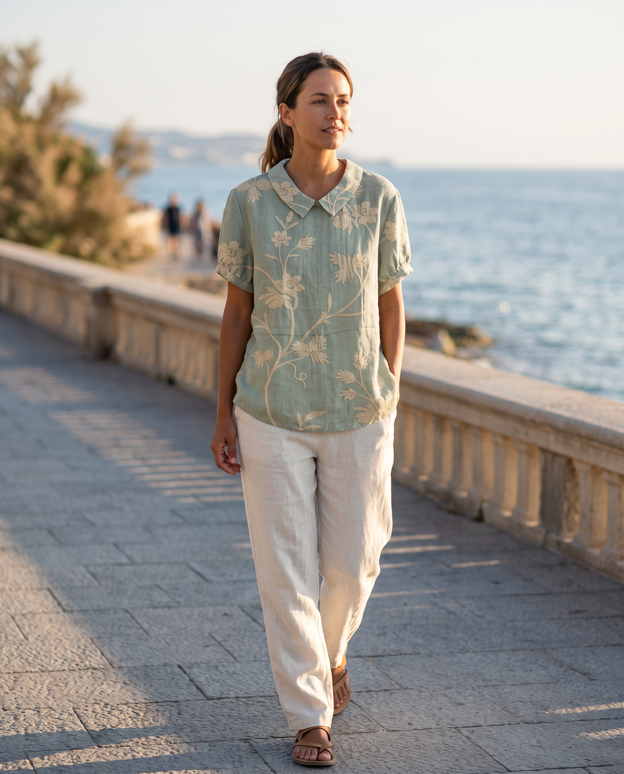 Women's Blouse Puff Sleeve with Collar and Floral Embroidery