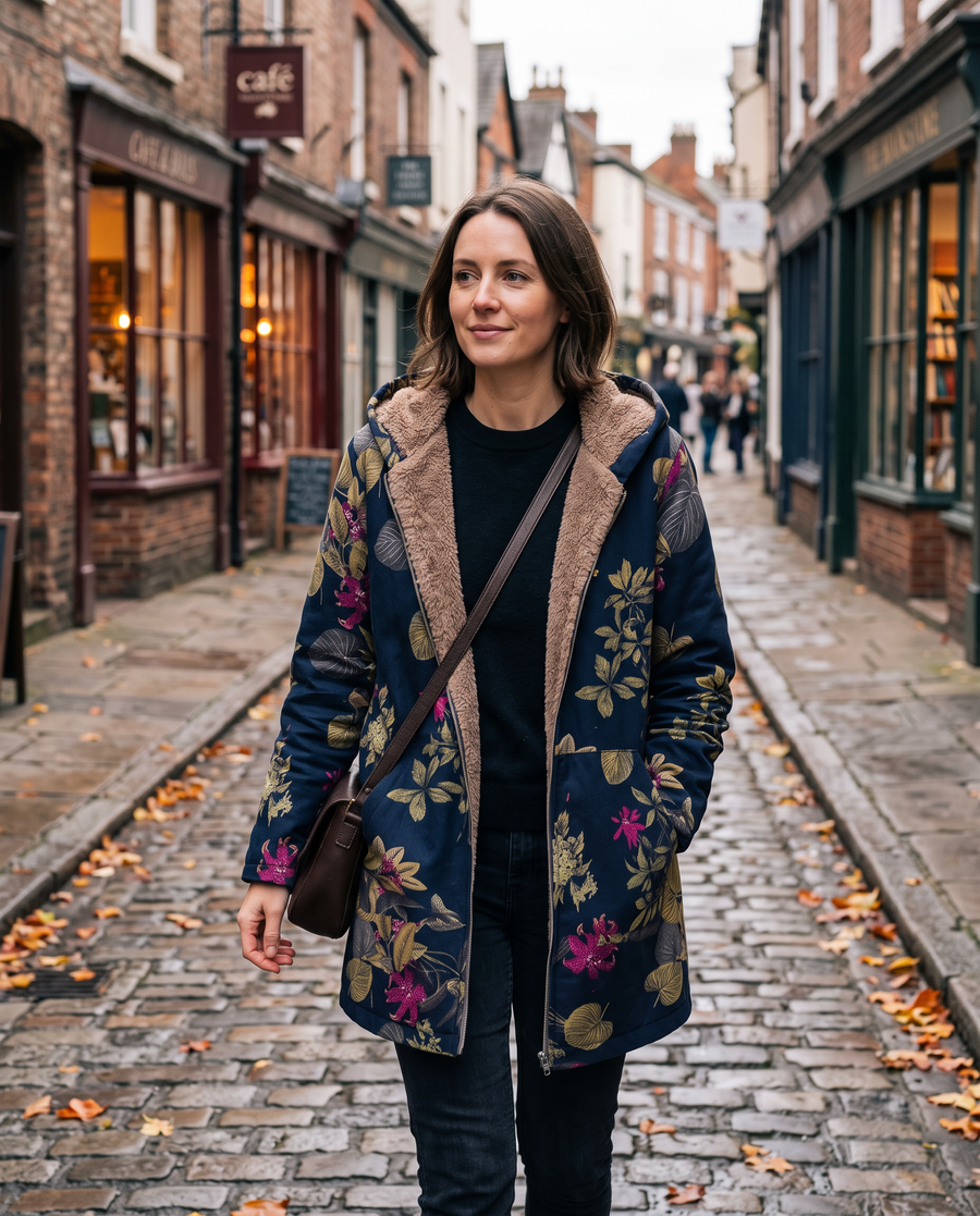Women's Hooded Jacket with Floral Print and Front Pockets