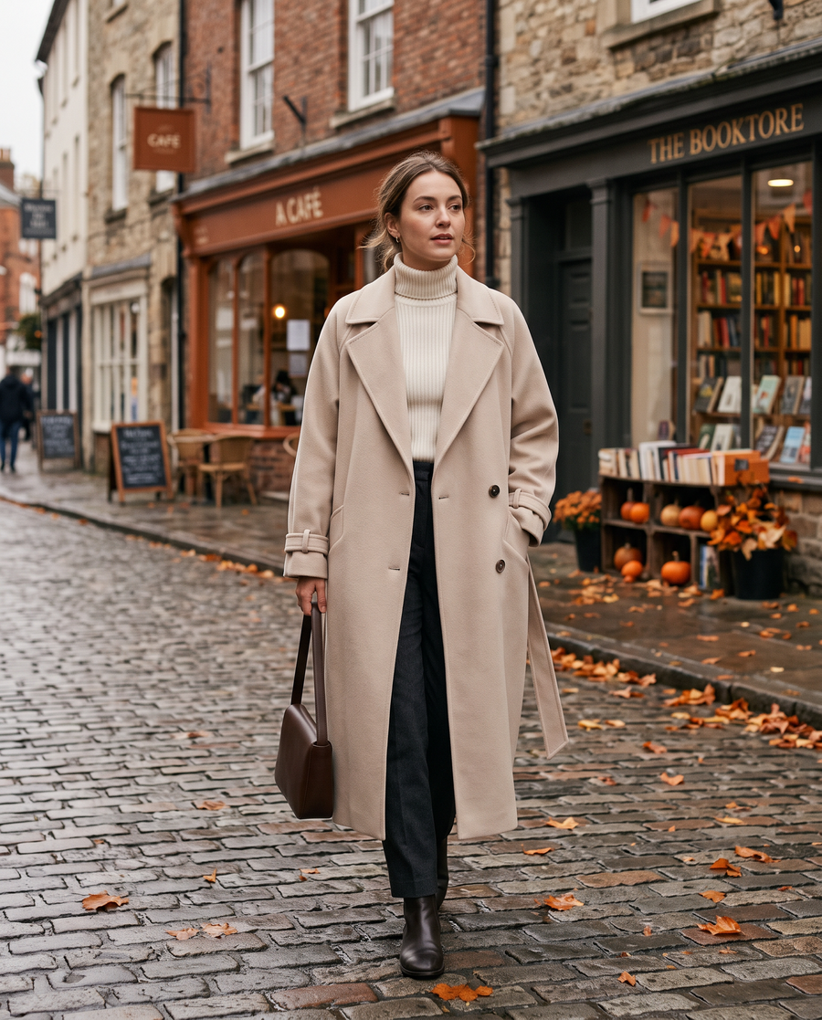 Women's Double-Breasted Longline Coat with Wide Lapels