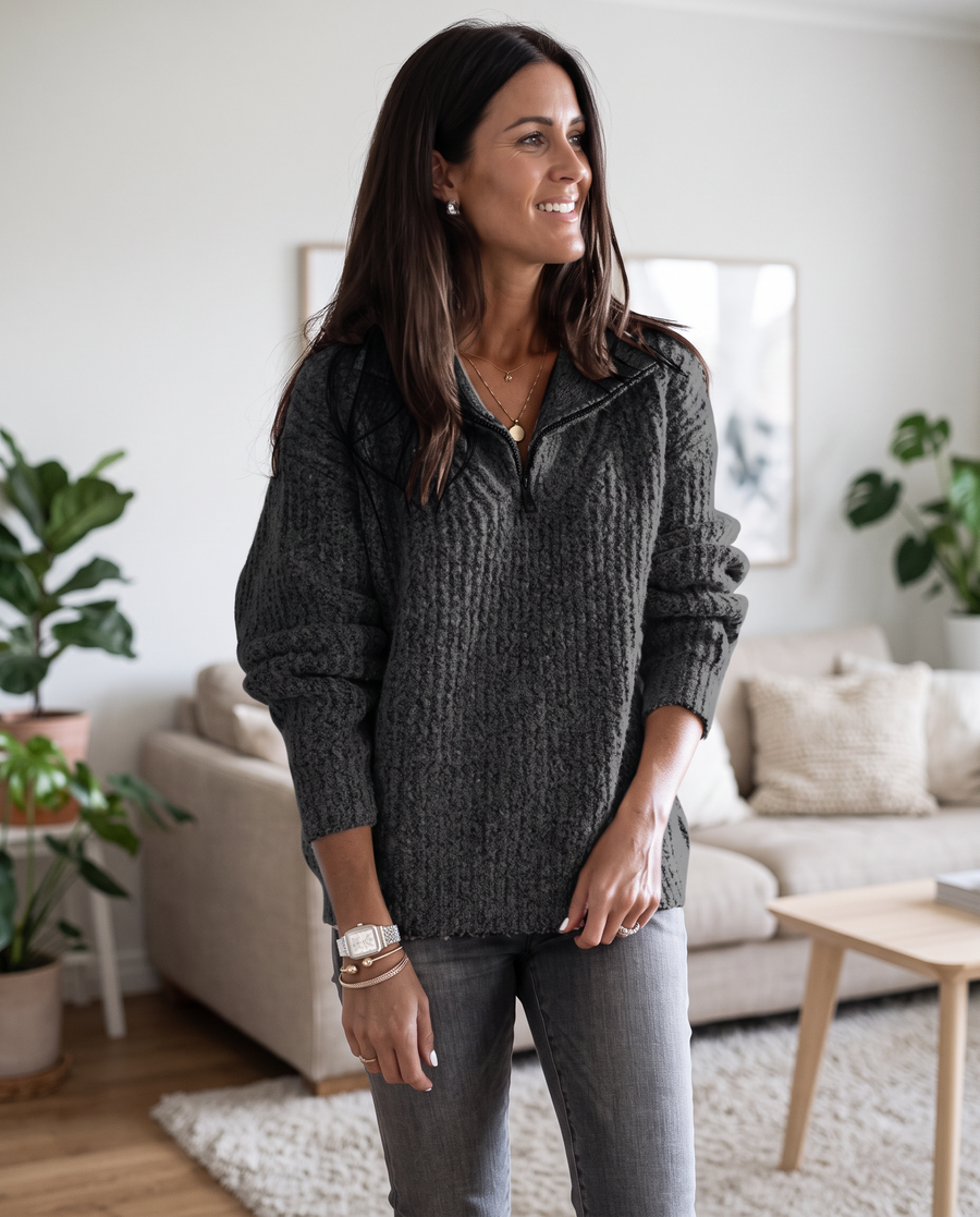 Women's Half-Zip Textured Sweater with Stand Collar
