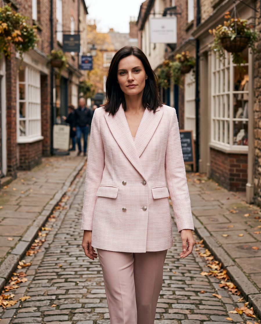 Women's Double-Breasted Tweed Blazer with Notched Lapel