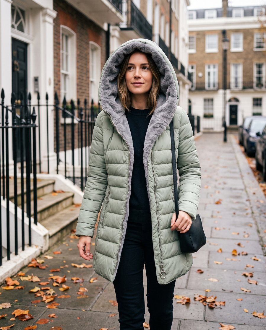 Women's Hooded Quilted Coat with Zip Front and Side Pockets