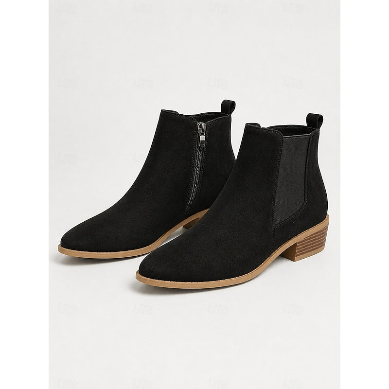 Women's Pointed Toe Chelsea Ankle Boots Low Block Heel - Black