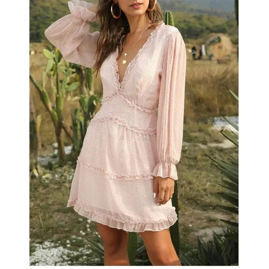 Women's Boho Dress with Open Back and V-Neck - 3