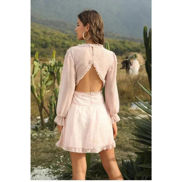 Women's Boho Dress with Open Back and V-Neck - 4