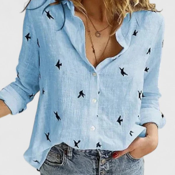 Women's Button-Down Shirt with Lapel Collar and Long Sleeves - Blue 2