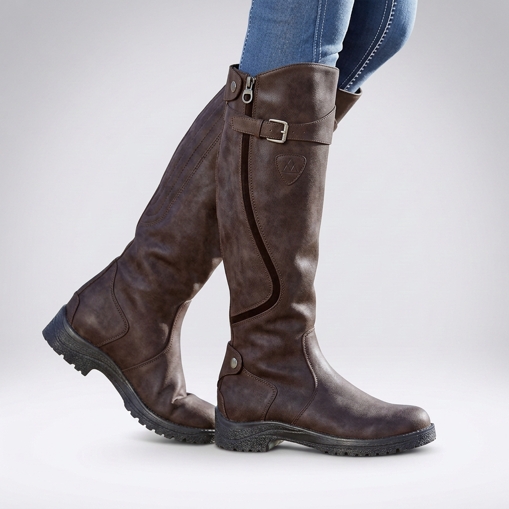 Women's Tall Boots with Adjustable Buckle and Anti-Slip Sole - Dark brown