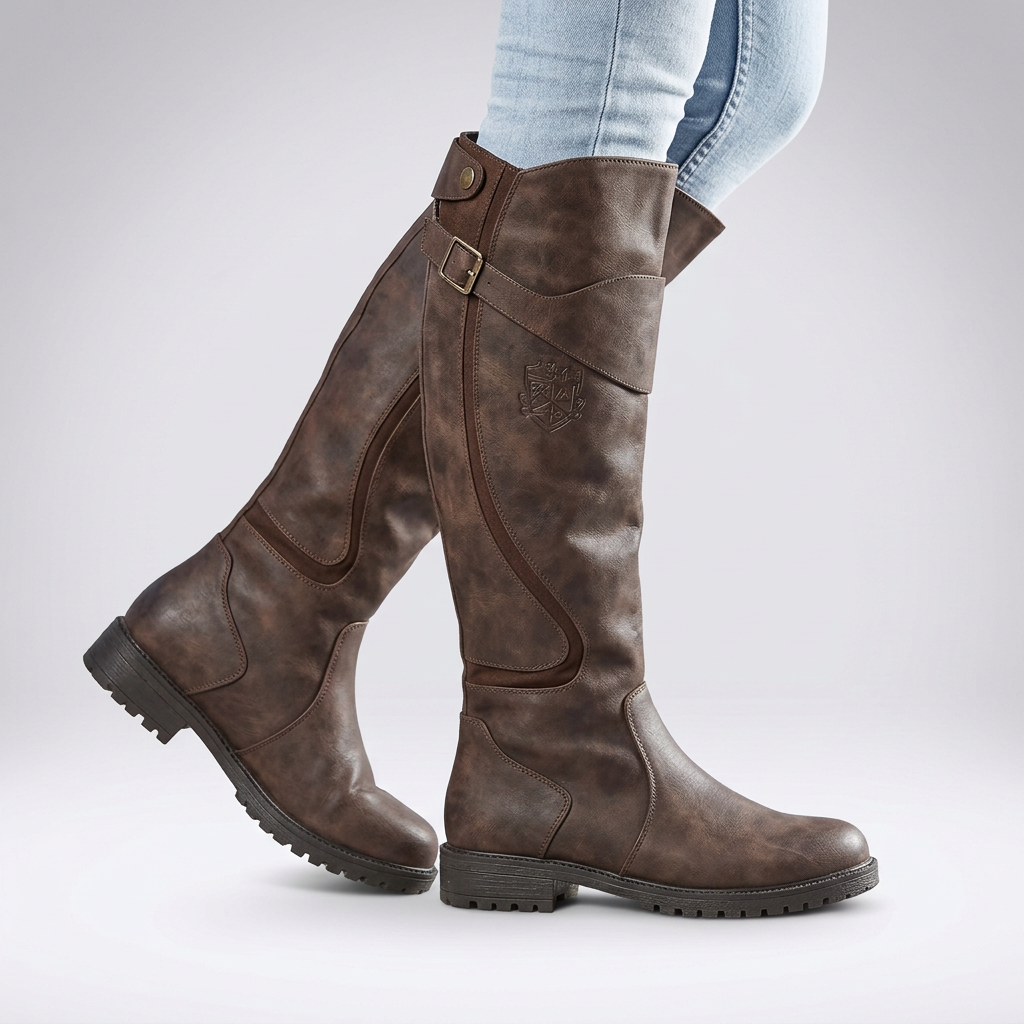 Women's Tall Boots with Adjustable Buckle and Anti-Slip Sole - Chestnut brown