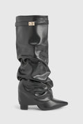 Women's Slouch Boots with Pointed Toe and Low Heel - Black (Faux Leather)