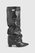 Women's Slouch Boots with Pointed Toe and Low Heel - Black (Faux Leather)