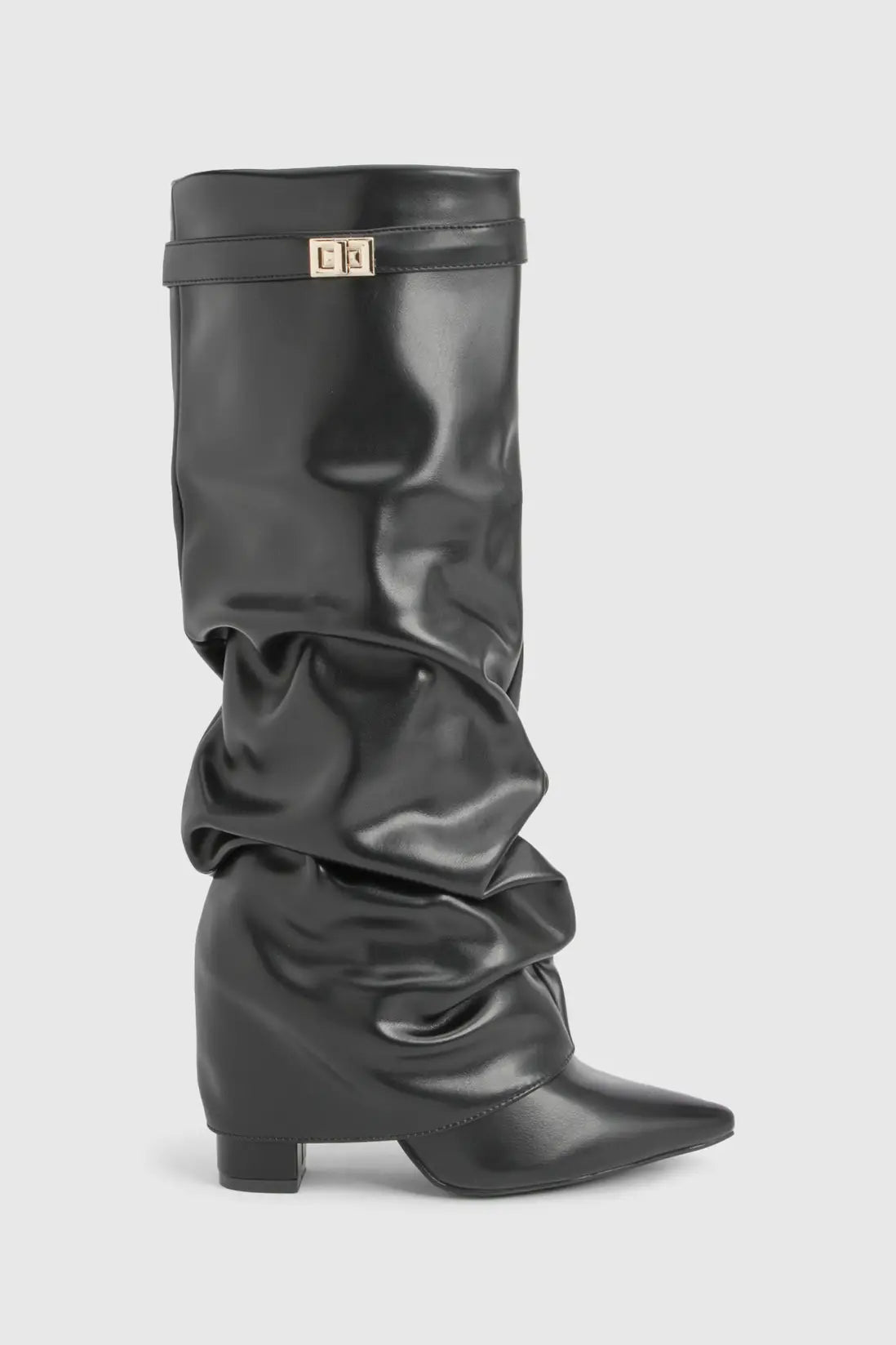 Women's Slouch Boots with Pointed Toe and Low Heel - Black (Faux Leather)