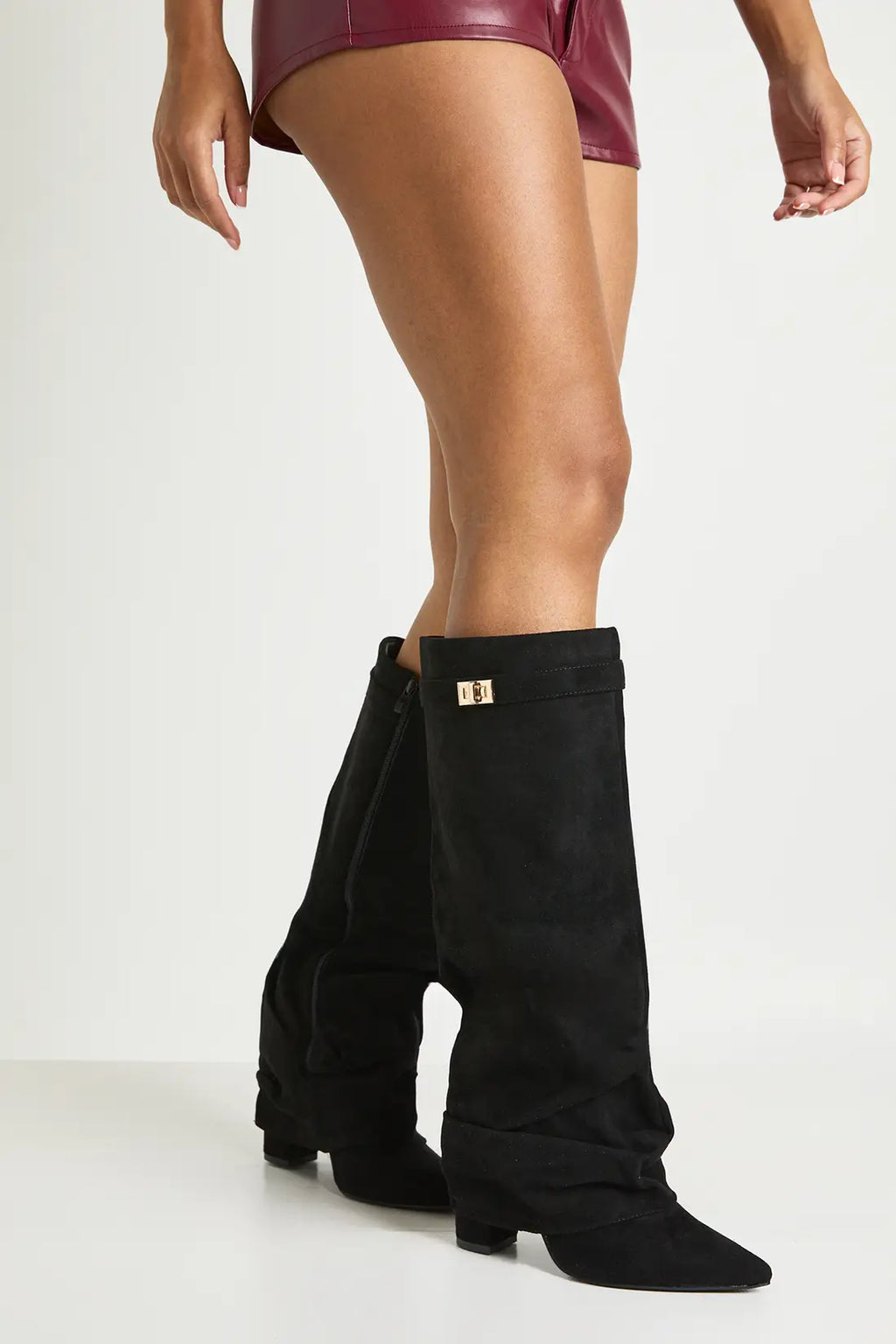 Women's Slouch Boots with Pointed Toe and Low Heel - 8