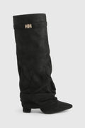 Women's Slouch Boots with Pointed Toe and Low Heel - Black