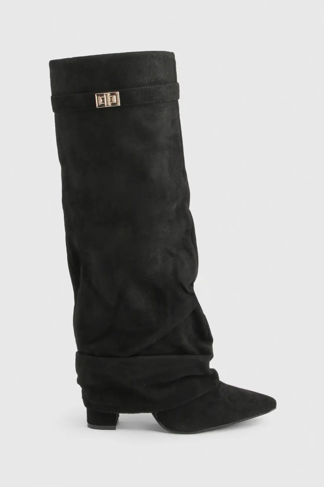 Women's Slouch Boots with Pointed Toe and Low Heel - Black