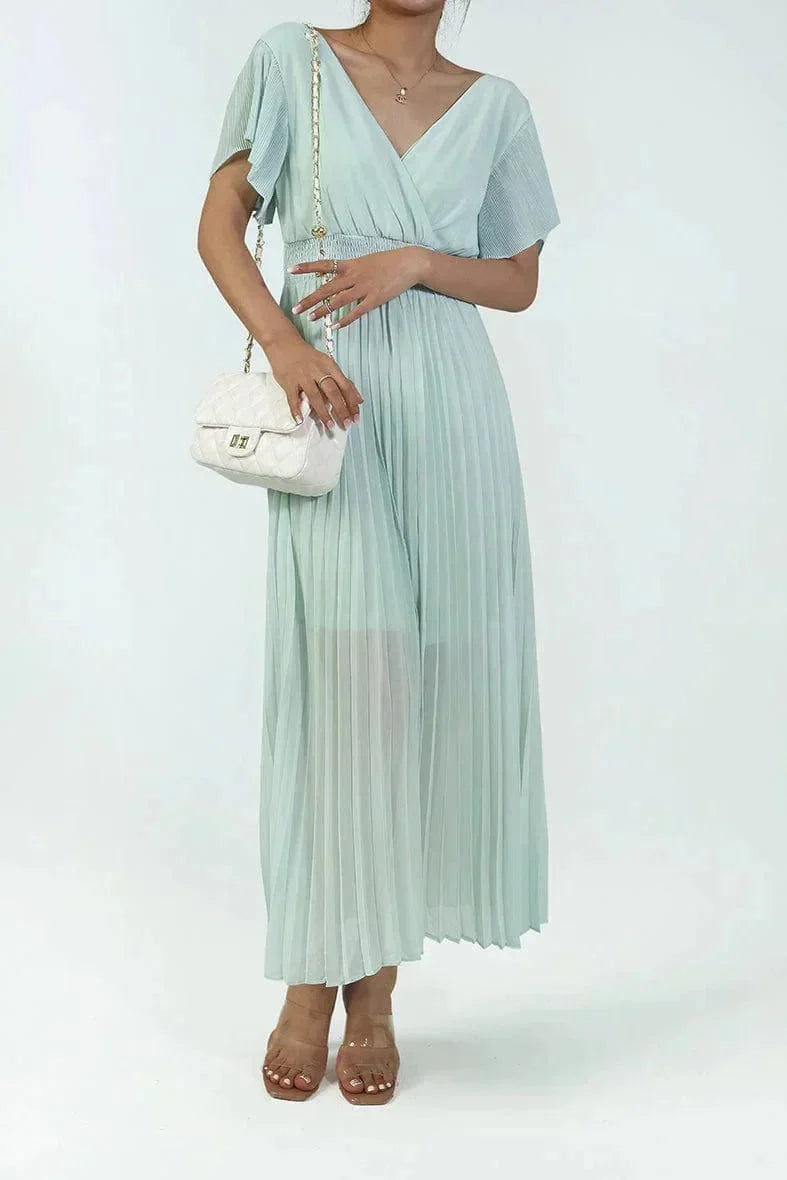 Women's Maxi Dress Pleated with V-Neck and Flutter Sleeves - 2