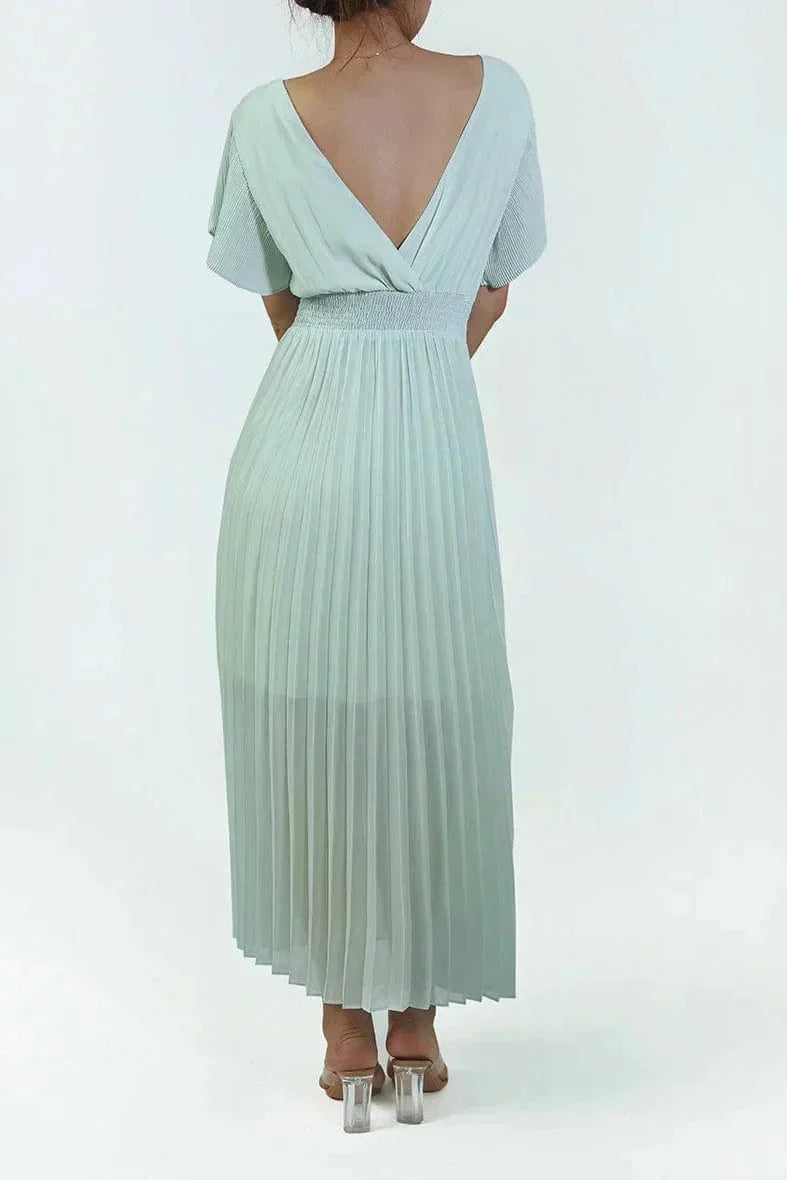 Women's Maxi Dress Pleated with V-Neck and Flutter Sleeves - 3