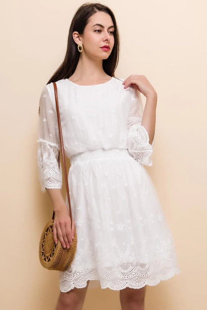 Women's Embroidered Mini Dress with Lace Trim Sleeves and Round Neck - 2