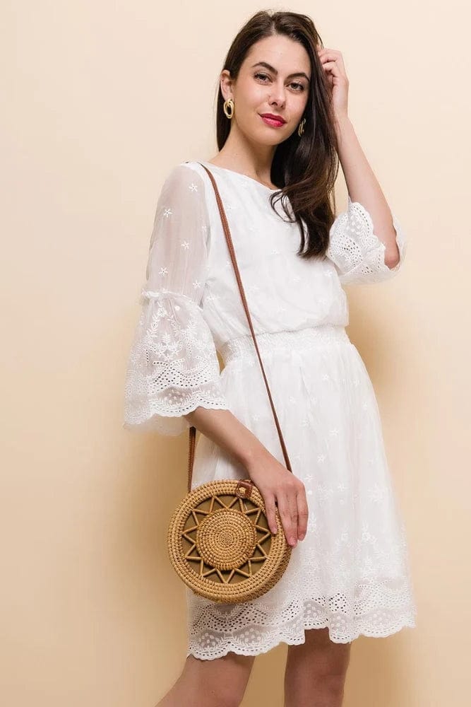 Women's Embroidered Mini Dress with Lace Trim Sleeves and Round Neck - 3
