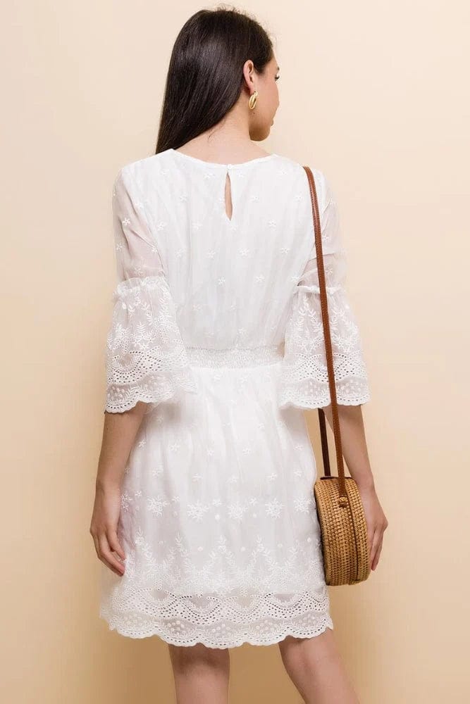 Women's Embroidered Mini Dress with Lace Trim Sleeves and Round Neck - 4