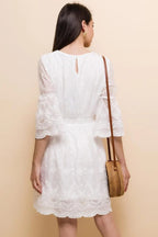 Women's Embroidered Mini Dress with Lace Trim Sleeves and Round Neck - 4