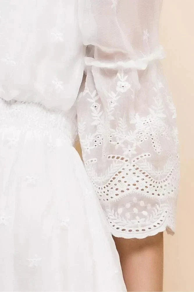 Women's Embroidered Mini Dress with Lace Trim Sleeves and Round Neck - 5