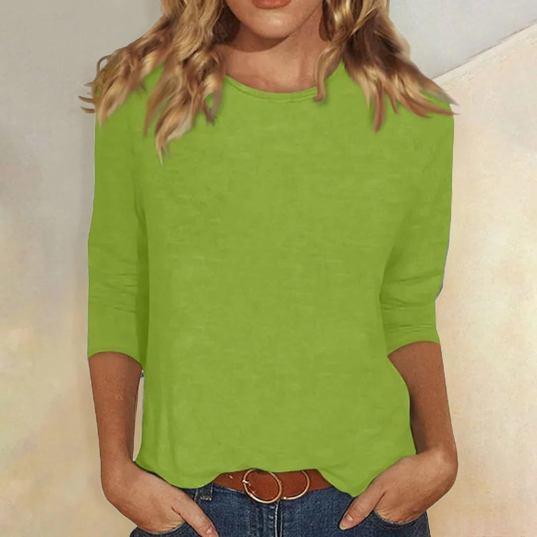 Women's Crew Neck Top with Three-Quarter Sleeves and Relaxed Fit - Green