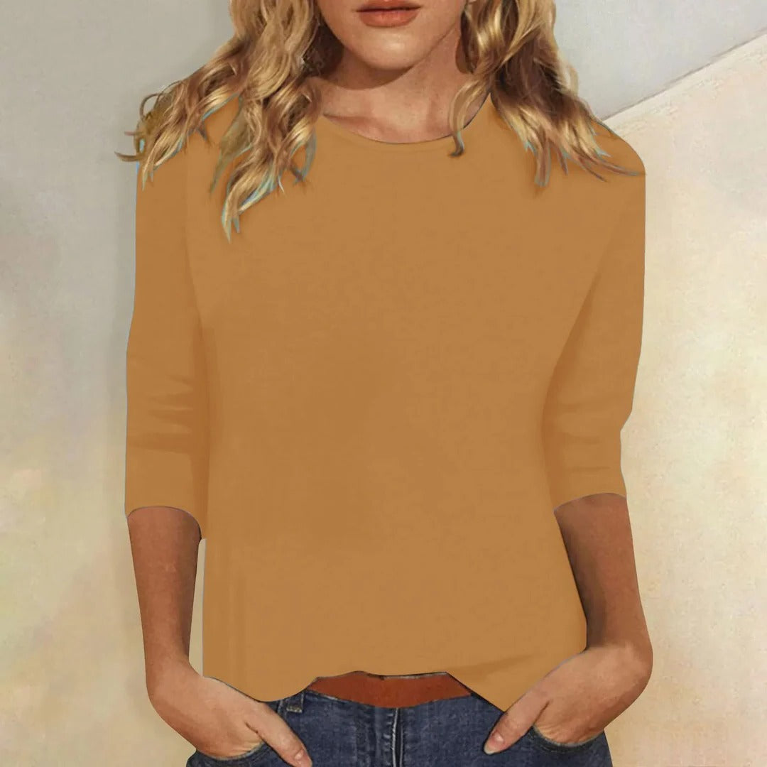 Women's Crew Neck Top with Three-Quarter Sleeves and Relaxed Fit - Brown