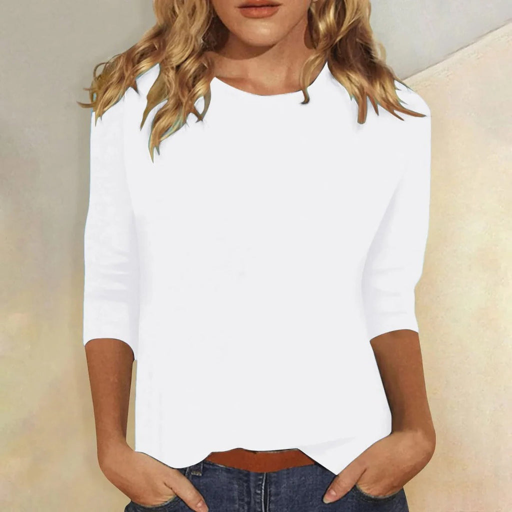 Women's Crew Neck Top with Three-Quarter Sleeves and Relaxed Fit - White