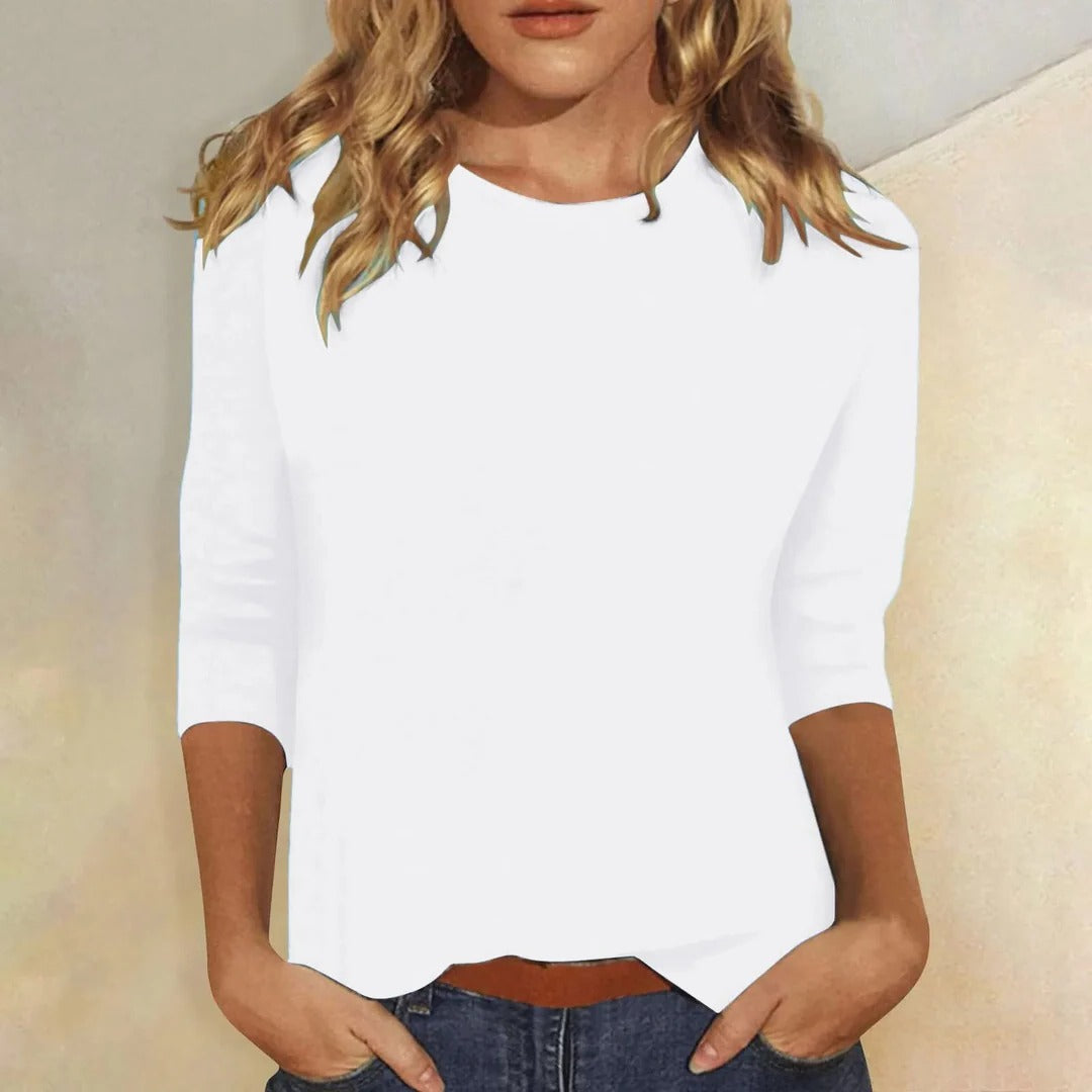 Women's Crew Neck Top with Three-Quarter Sleeves and Relaxed Fit - White
