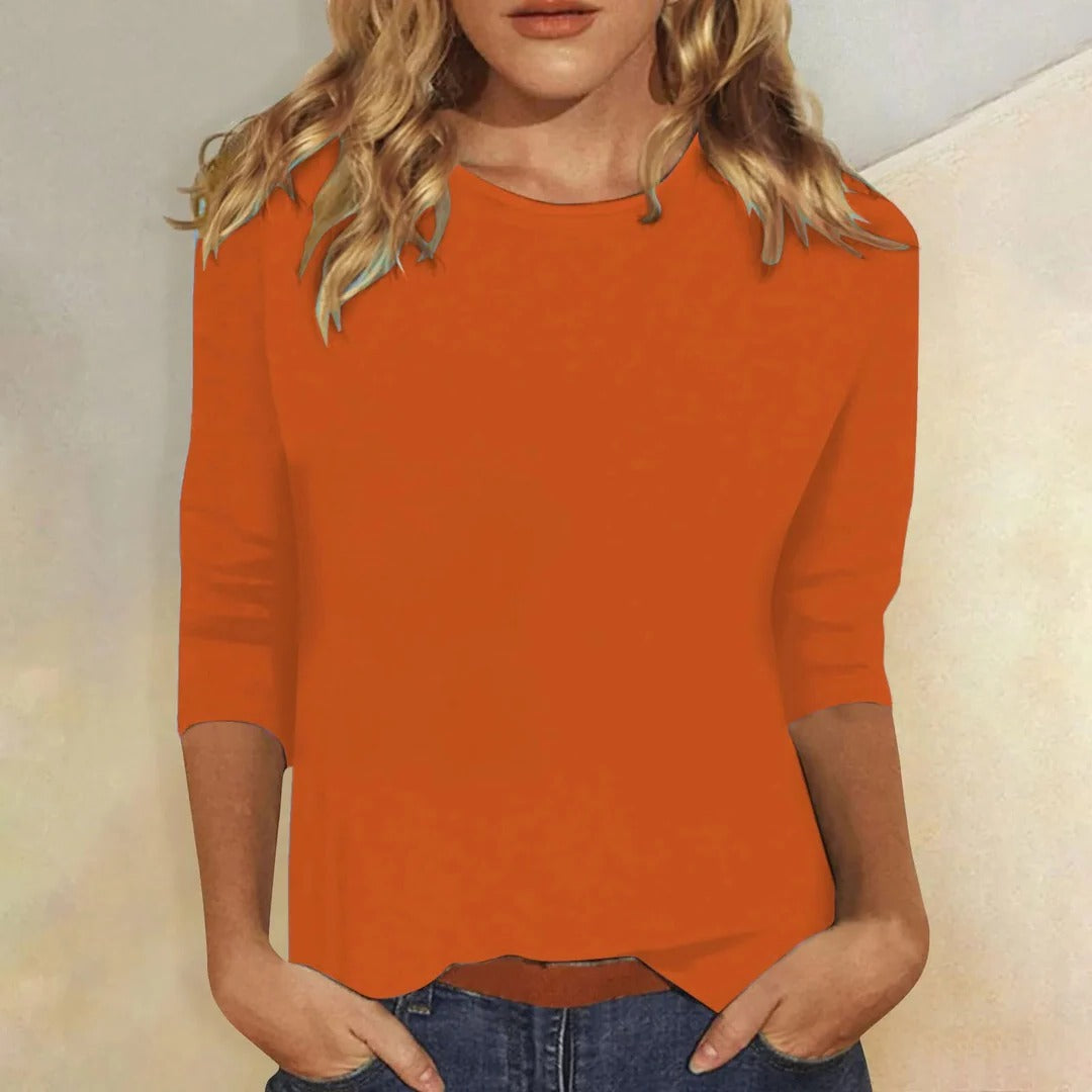 Women's Crew Neck Top with Three-Quarter Sleeves and Relaxed Fit - Orange