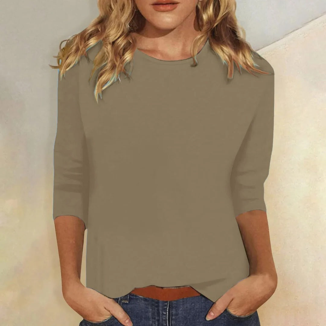 Women's Crew Neck Top with Three-Quarter Sleeves and Relaxed Fit - Khaki