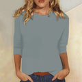 Women's Crew Neck Top with Three-Quarter Sleeves and Relaxed Fit - Grey