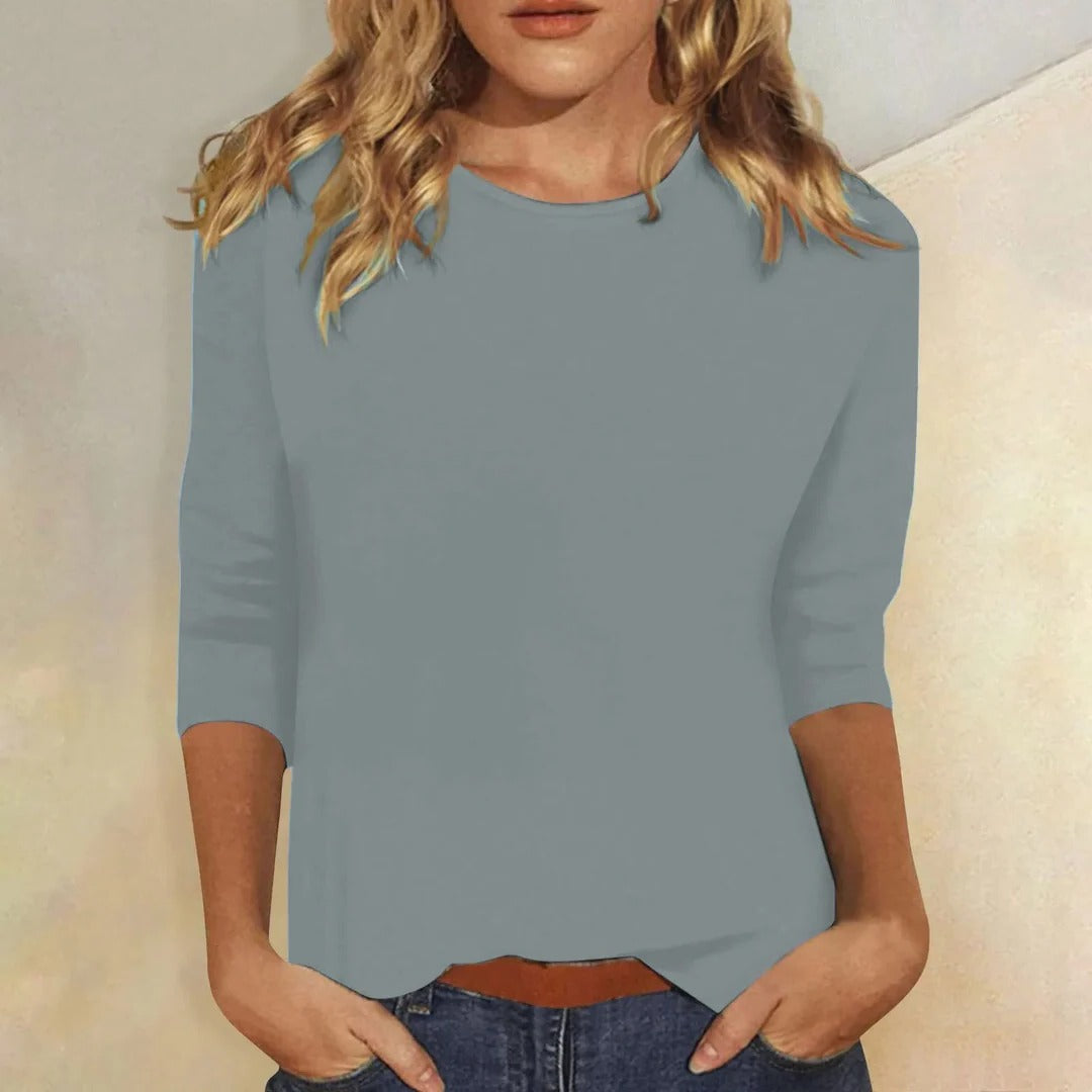 Women's Crew Neck Top with Three-Quarter Sleeves and Relaxed Fit - Grey