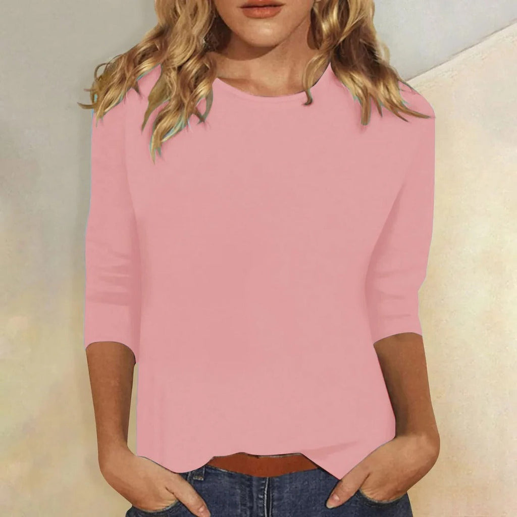 Women's Crew Neck Top with Three-Quarter Sleeves and Relaxed Fit - Pink