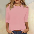 Women's Crew Neck Top with Three-Quarter Sleeves and Relaxed Fit - Pink