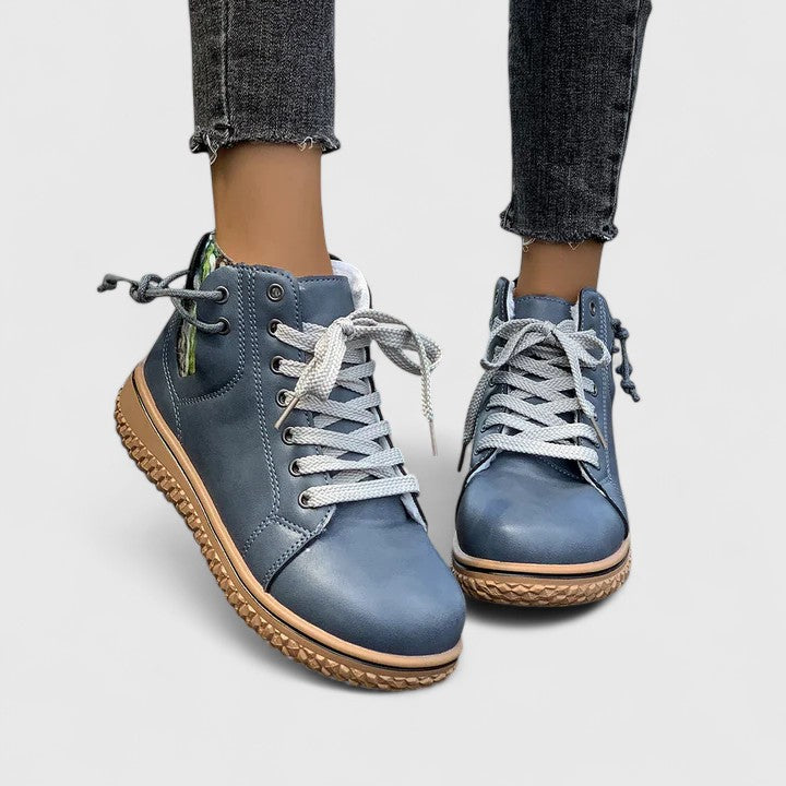 Women's Ankle Boots with Lace-Up Front and Woven Sole - Blue