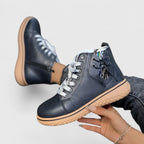 Women's Ankle Boots with Lace-Up Front and Woven Sole - Black