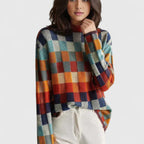 Women's Jumper Roll Neck Checked Loose Fit - Multi-Coloured