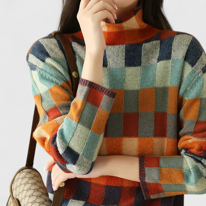 Women's Jumper Roll Neck Checked Loose Fit - 2