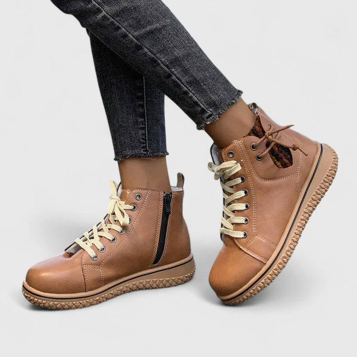 Women's Ankle Boots with Lace-Up Front and Woven Sole - Light Brown