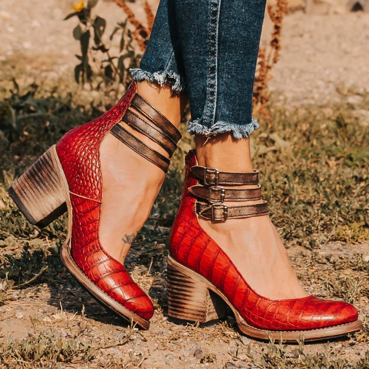 Women Block-Heel Shoes with Double Ankle Buckle Straps - Red Snake