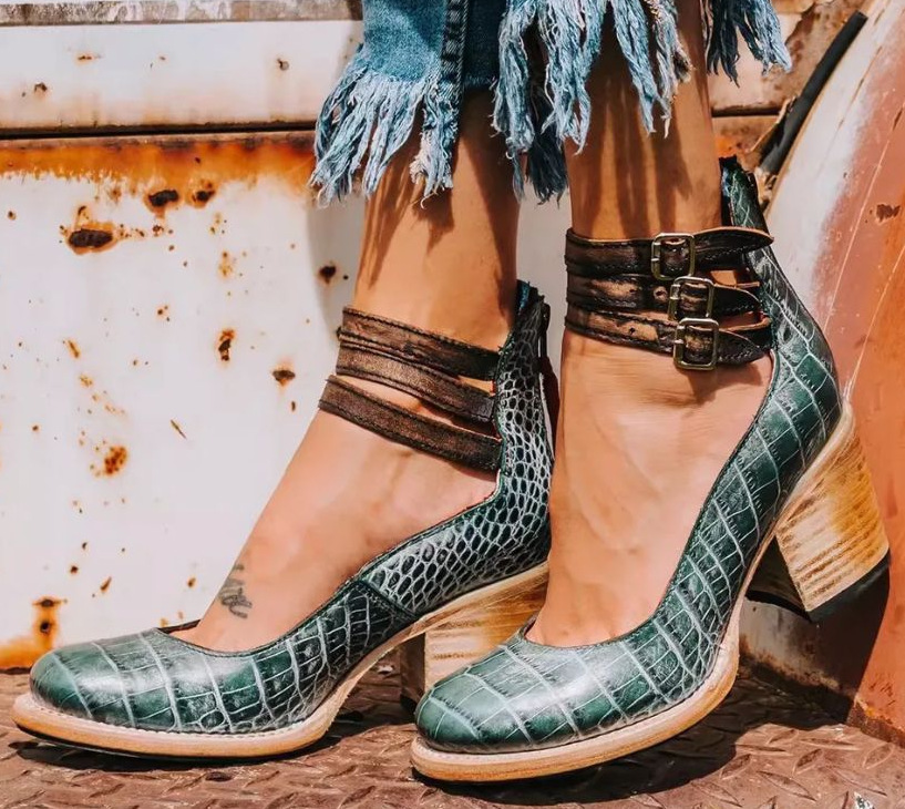Women Block-Heel Shoes with Double Ankle Buckle Straps - Green Snake (Sold Out)